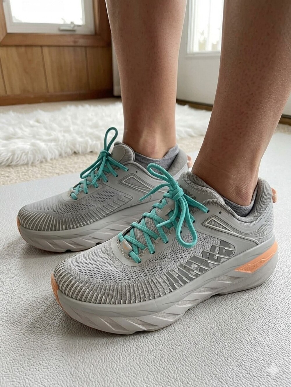 Hoka One One Light Gray Trainers with Teal Laces and Coral Accent Used, Very Goo - Picture 10 of 10